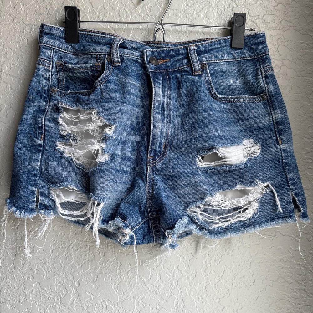 American‎ Eagle Mom Short Women 8 Denim Shorts Blue Distressed High Rise Rigid